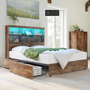 Solid Wood King Bed Frame w/ LED Headboard | 4 Drawers, Quiet Platform Base