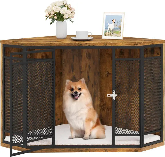 Wooden Dog Kennel Furniture - 43.7 Inch End Table for Family Pet Crate