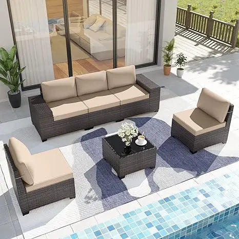 "Outdoor Rattan Sofa Set with Thick Cushions & Glass Coffee Table - Patio Seating