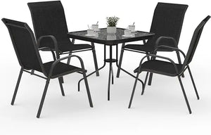 "5-Piece Outdoor Dining Set: Patio Table with Textured Glass & 4 Stackable Chairs