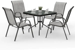 "5-Piece Outdoor Dining Set: Patio Table with Textured Glass & 4 Stackable Chairs