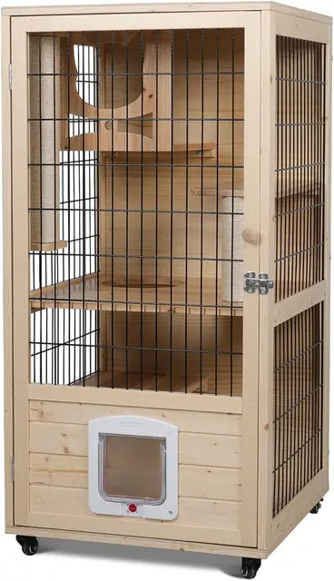 "Large Wooden Cat House with Scratching Post & Lockable Wheels, Double Houses