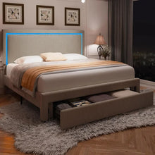 Load image into Gallery viewer, &quot;Queen Size Corduroy Bed Frame w/ LED Headboard &amp; Storage Drawers - Upholstered