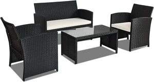 "Outdoor Wicker Sofa Set with Soft Cushions & Glass Coffee Table – Garden Comfort