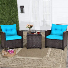 Load image into Gallery viewer, Patio Furniture 3-Piece Wicker Bistro Set - 2 Cushioned Chairs, Glass Top Table, Outdoor Use