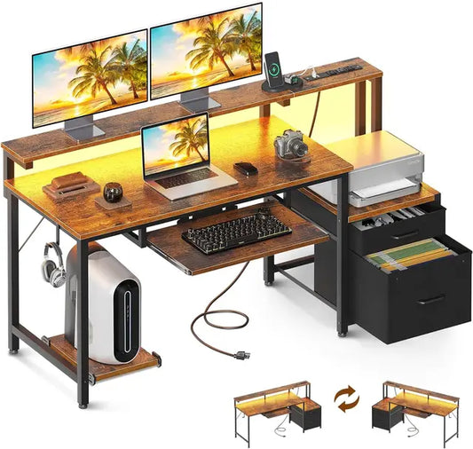 "Reading & Study Desk with Power Outlet, LED Light, Filing Cabinet & Drawers