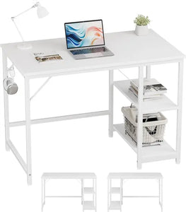 Small Office White Desk, 40x24: Home Office Computer Desk, Wooden Shelf, Gaming Table