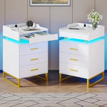 Load image into Gallery viewer, Modern End Table w/ LED Lights &amp; Storage - Metal Legs, Bedside Table for Bedroom