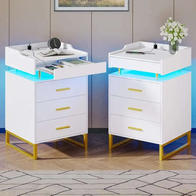 Modern End Table w/ LED Lights & Storage - Metal Legs, Bedside Table for Bedroom