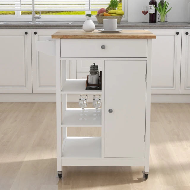 Rubber Wood Kitchen Trolley Cart with Adjustable Shelves and Towel Rack