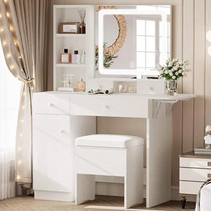 "Stylish Dresser Set with LED Lighted Mirror & Power Outlet - Storage & Stool