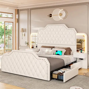 Black Platform Bed Frame - Queen Bed with Headboards Bedroom, PU Leather Tufted