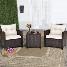 Load image into Gallery viewer, Patio Furniture 3-Piece Wicker Bistro Set - 2 Cushioned Chairs, Glass Top Table, Outdoor Use