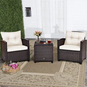 Patio Furniture 3-Piece Wicker Bistro Set - 2 Cushioned Chairs, Glass Top Table, Outdoor Use