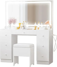 Load image into Gallery viewer, White Vanity Desk with LED Lighted Mirror &amp; Power Outlet - 7 Drawers, Stool