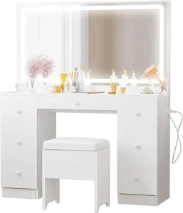 White Vanity Desk with LED Lighted Mirror & Power Outlet - 7 Drawers, Stool