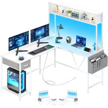 Load image into Gallery viewer, Reversible L-Shaped Computer Desk, Gaming Desk with LED Strip, Power Outlet, Storage Shelf &amp; Drawer