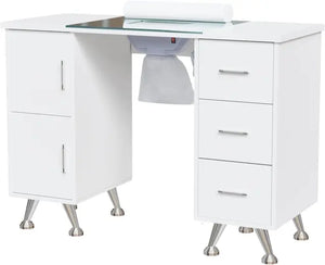 Nail Desk Workstation - Manicure Table with Glass Top, Wrist Rest, for Nail Salon Decor and Supplies