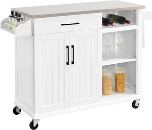 Kitchen Cart with Stainless Steel Top, Storage Cabinet, Drawer & Open Shelves