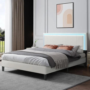 "Modern Queen Size Upholstered Bed Frame w/ Faux Leather Headboard & Wood Slats