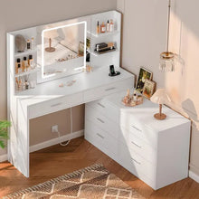 Load image into Gallery viewer, 65.9&quot; Vanity Desk with LED Lighted Mirror &amp; Power Outlet, Modern Corner Makeup Table for Dressing Room