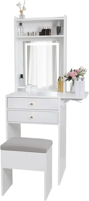 Makeup Vanity Table with 3 Adjustable Lighted Mirror and Storage Chair - Small Space Desk Set