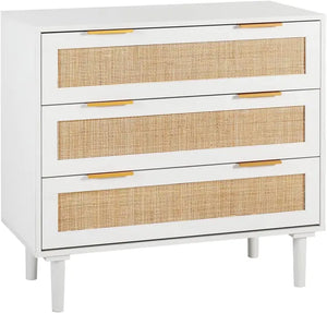 Wood 3-Drawer Dresser Chest, Rattan-Accented Storage for Kids' Bedroom