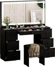 Load image into Gallery viewer, White Vanity Desk with LED Lighted Mirror &amp; Power Outlet - 7 Drawers, Stool