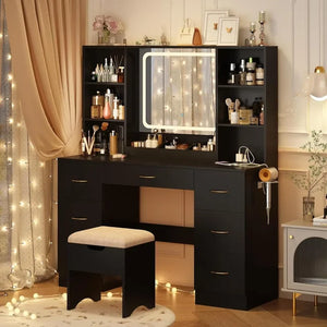 Lighted Makeup Vanity Desk with Drawers - 47" White Vanity Set, LED Mirror, Stool