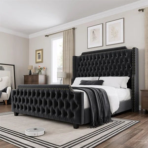 Luxurious Velvet Queen Bed Frame with 54" Wingback Headboard and Button Tufted Footboard