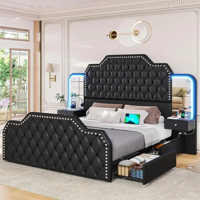 Black Platform Bed Frame - Queen Bed with Headboards Bedroom, PU Leather Tufted