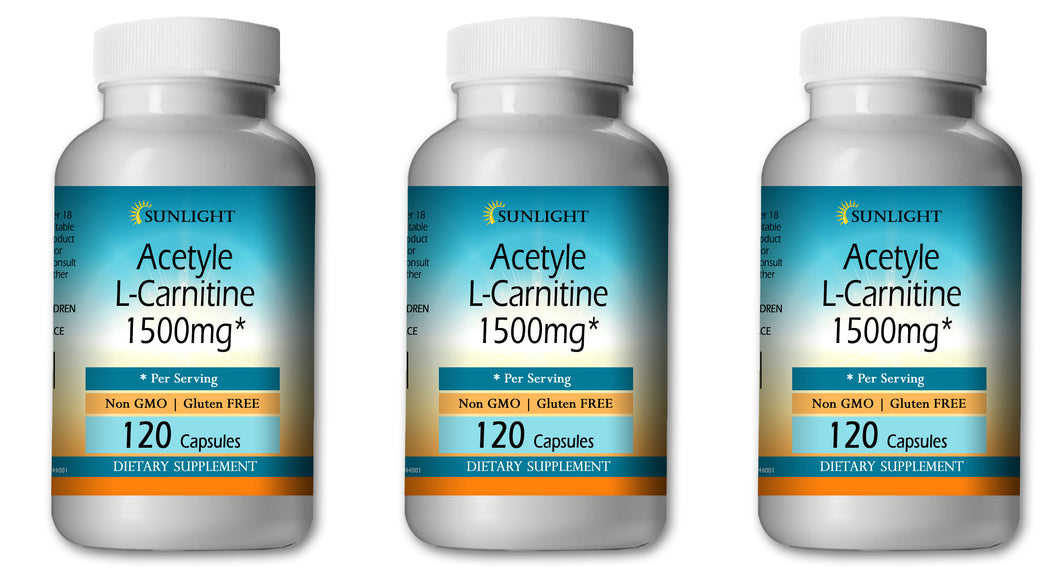 Acetyle L-Carnitine 1500mg Serving 360 Capsules High Potency, Best Quality 3x HUGE BOTTLES - Sunlight