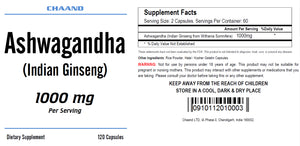 Ashwagandha Indian Ginseng 1000mg High Potency Big Bottle 120 Capsules CH